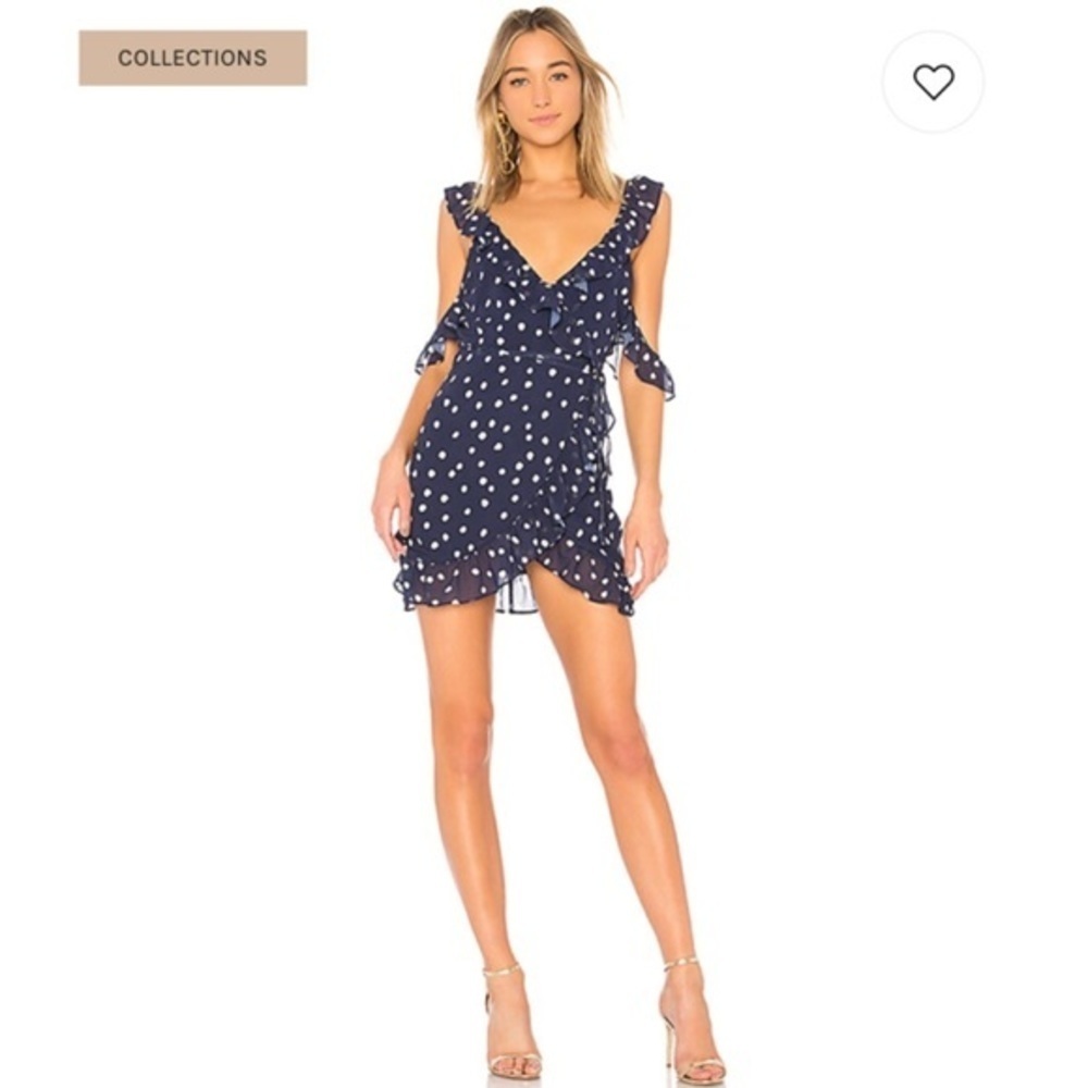 NWOT LPA Ruffle Wrap Dress in Navy Polka Dot